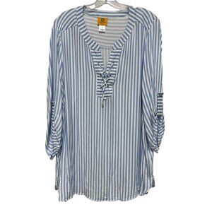 Ruby Rd Womens 1X Top Blouse Light Weight Roll Tab Split Neck Striped Nautical